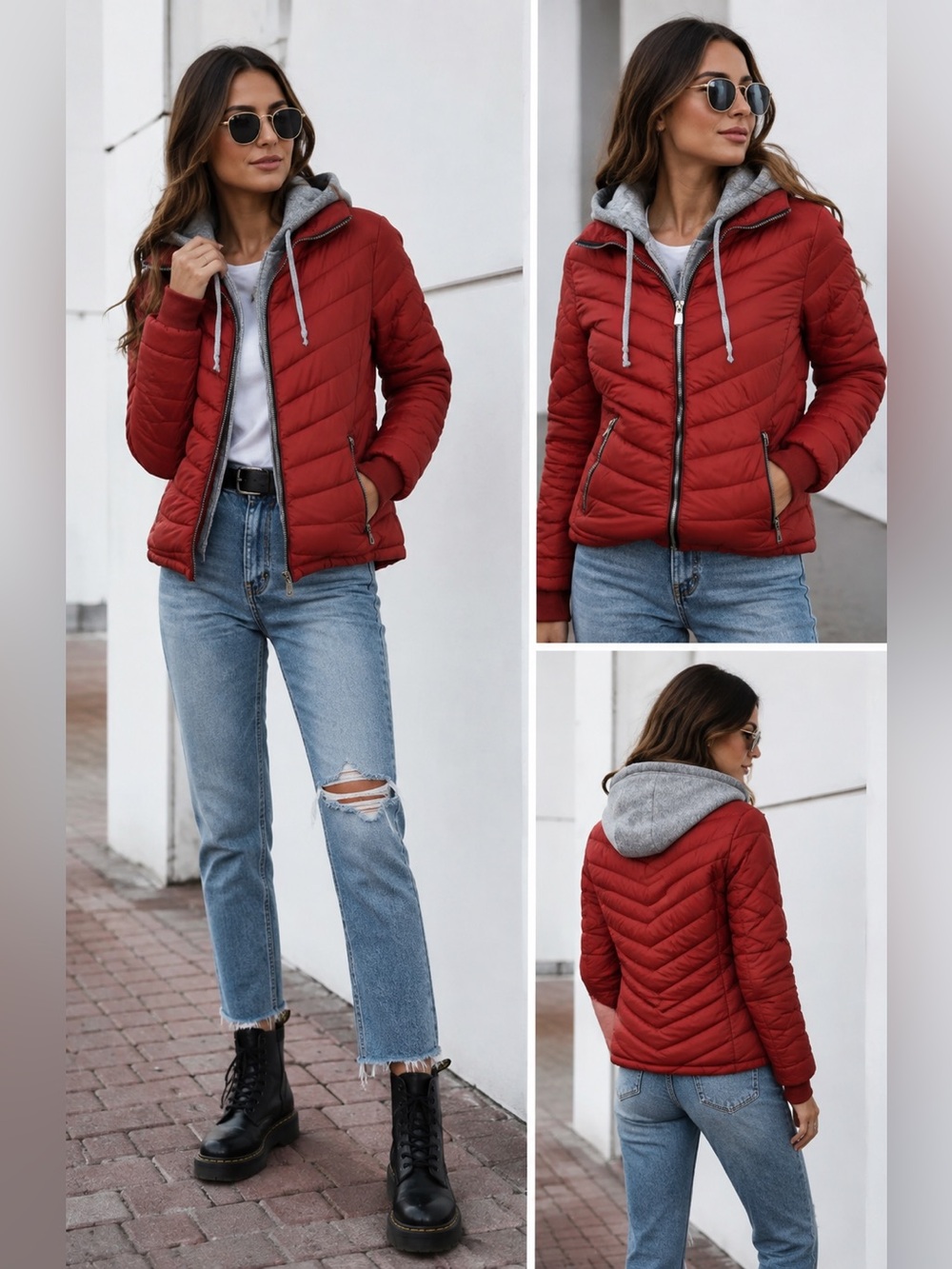 YMI WINTER PUFFER JACKET KNIT HOODIE Junior Size L Fleece Lined Orange Gray